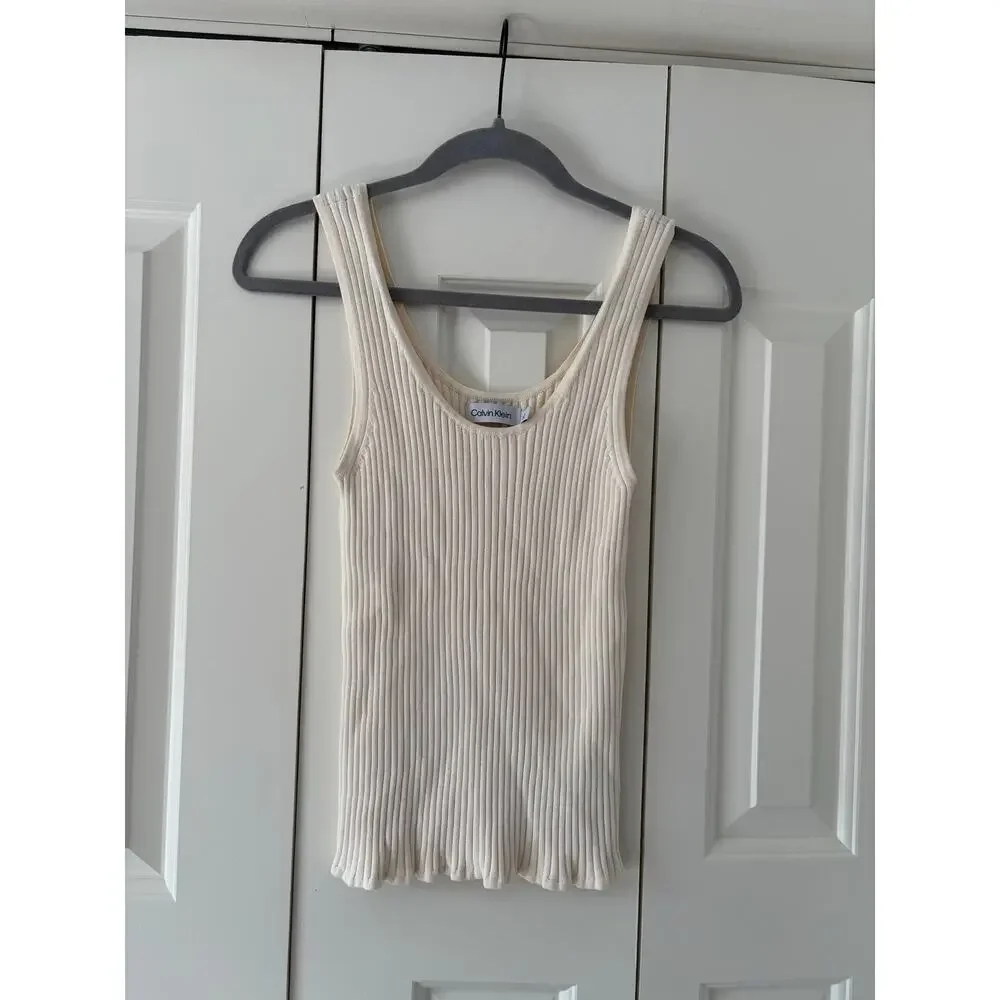Calvin Klein Ribbed Knit Tank Top Ivory Sleeveless Stretch Women’s Medium M - Picture 5 of 6